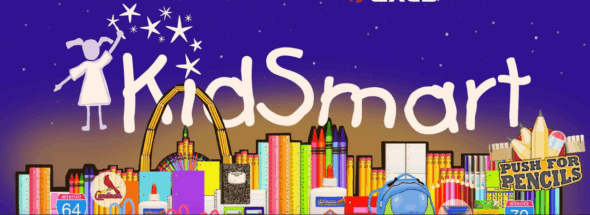 KidSmart School Supply Drive 2025 at all Axes Physical Therapy locations. Illustration features school supplies like pencils, notebooks, crayons, and backpacks with a KidSmart logo and “Push for Pencils” banner. Donation deadline: August 26.
