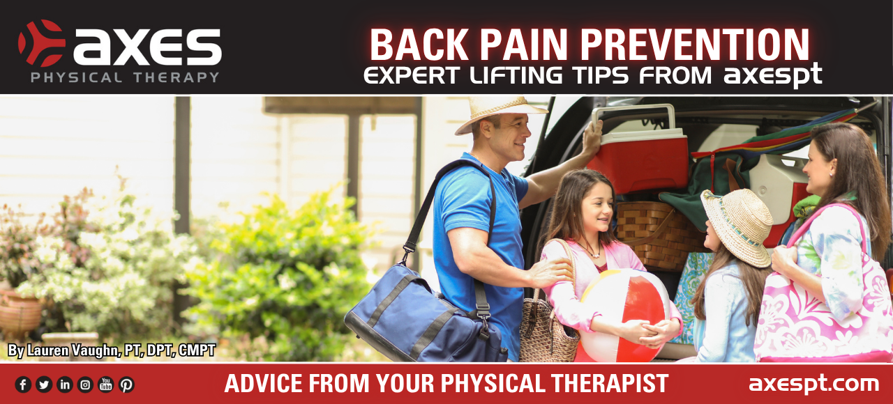 Family loading a car with coolers and beach gear, demonstrating safe lifting to prevent back pain, for Axes Physical Therapy in St. Louis.
