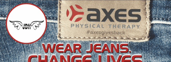 Axes Physical Therapy and Justin Delivers Hope (JDH) logos on denim “Wear Jeans, Change Lives” banner for August 2025 St. Louis charity support.