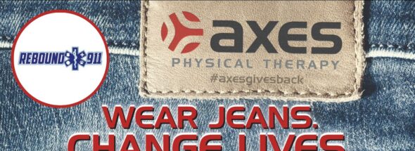 Axes Physical Therapy and Rebound 911 logos on denim Wear Jeans Change Lives banner supporting first responder wellness in St. Louis.