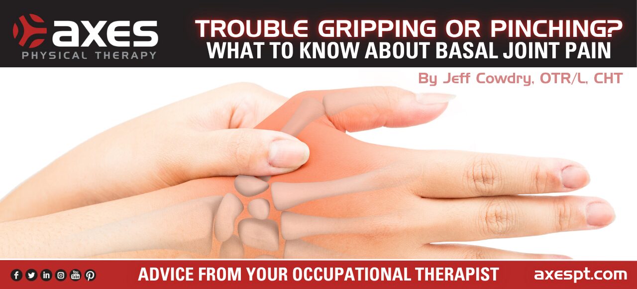 Close-up of hand showing basal joint pain at the base of the thumb, with anatomical overlay illustration. Blog cover for Axes Physical Therapy article by Jeff Cowdry, OTR/L, CHT, about treating thumb joint pain with occupational therapy.