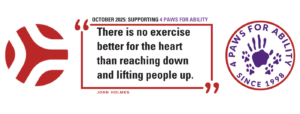 Axes Physical Therapy footer with John Holmes quote and 4 Paws for Ability logo for October 2025 St. Louis charity support.