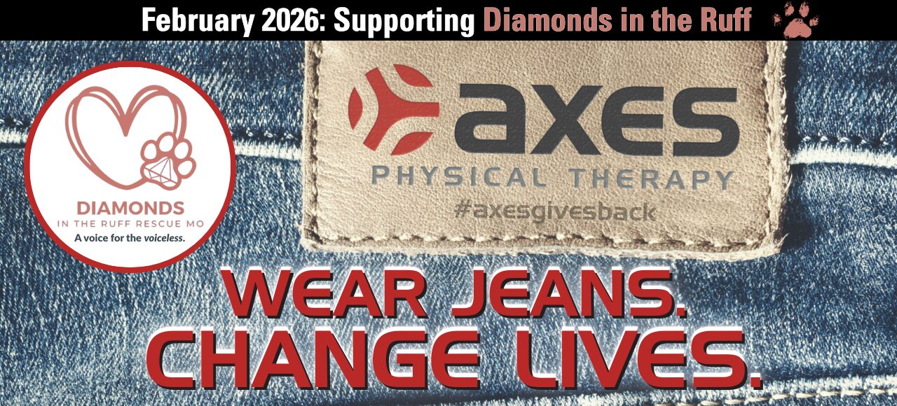 February 2026 Axes Gives Back featured image supporting Diamonds in the Ruff Rescue MO with Wear Jeans Change Lives campaign branding
