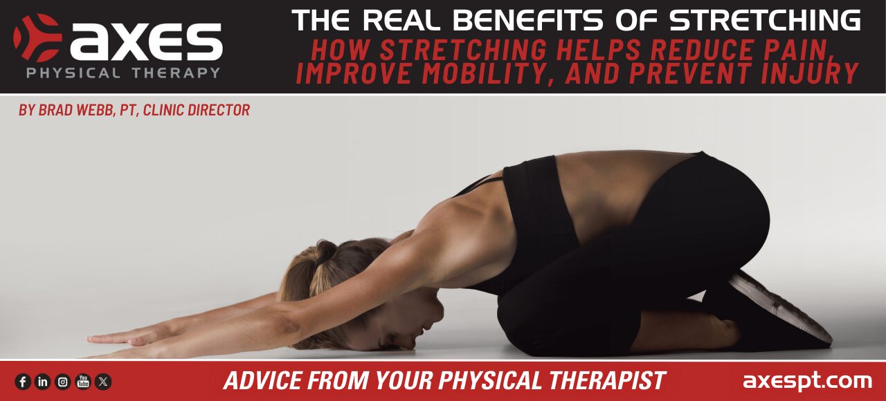 Person performing a child’s pose stretch to improve flexibility and mobility, representing the benefits of stretching for pain relief and injury prevention.