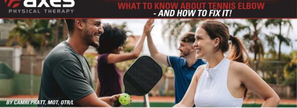 Group of adults playing pickleball, with focus on player holding paddle, representing elbow pain from tennis elbow or pickleball-related overuse injury.