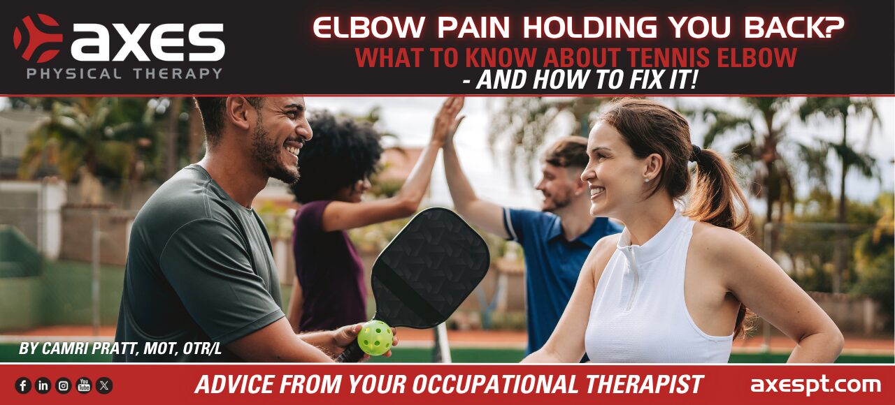 Group of adults playing pickleball, with focus on player holding paddle, representing elbow pain from tennis elbow or pickleball-related overuse injury.