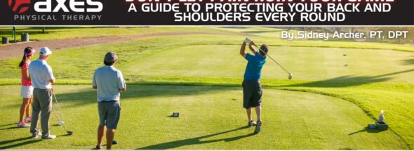Golfer teeing off while others watch with overlay text about preventing back and shoulder pain during golf