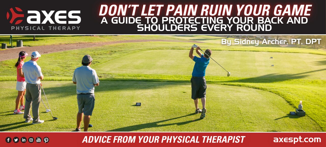 Golfer teeing off while others watch with overlay text about preventing back and shoulder pain during golf