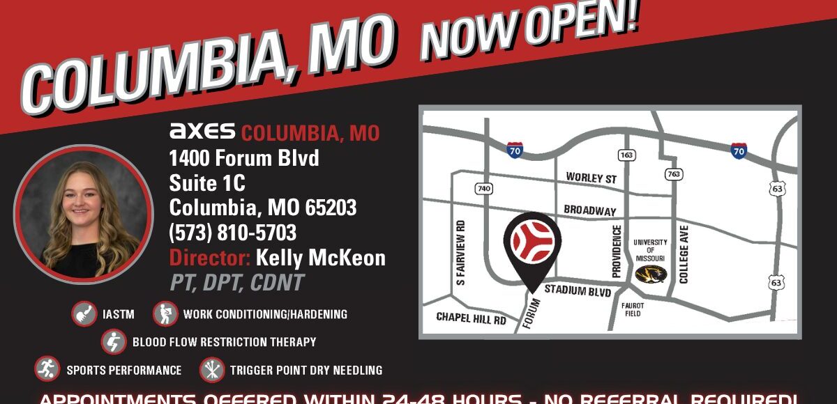 Graphic announcing Axes Physical Therapy is now open in Columbia, Missouri at 1400 Forum Blvd Suite 1C, featuring Clinic Director Kelly McKeon, PT, DPT, CDNT, clinic contact information, services, and a map near Stadium Blvd and the University of Missouri.
