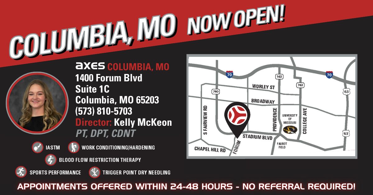 Graphic announcing Axes Physical Therapy is now open in Columbia, Missouri at 1400 Forum Blvd Suite 1C, featuring Clinic Director Kelly McKeon, PT, DPT, CDNT, clinic contact information, services, and a map near Stadium Blvd and the University of Missouri.