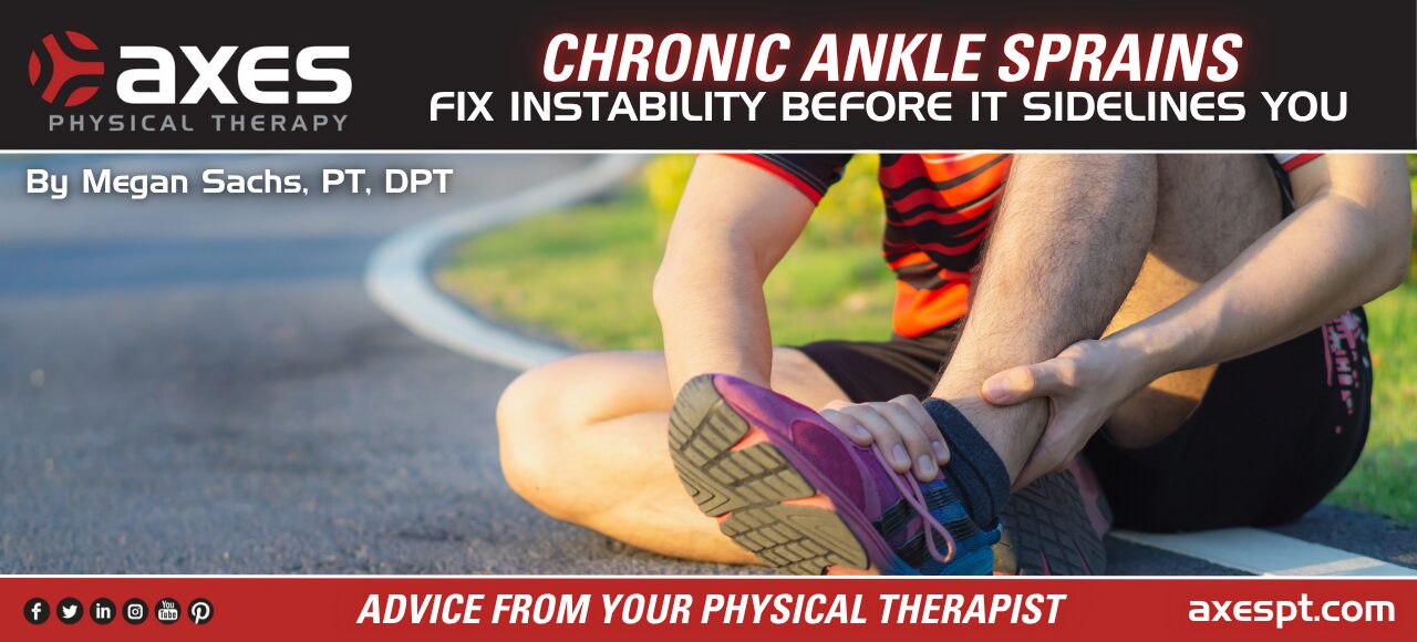 Athlete sitting on pavement holding ankle after sprain with chronic ankle instability headline