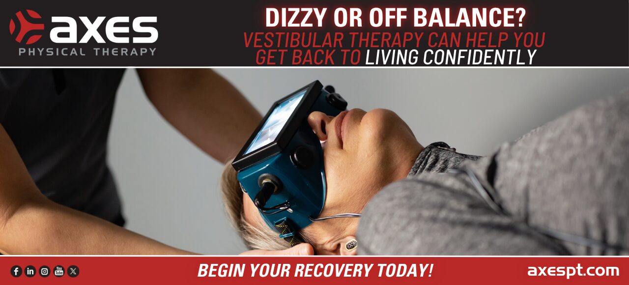 Patient receiving vestibular therapy with infrared goggles at Axes Physical Therapy for dizziness, vertigo, and balance disorders