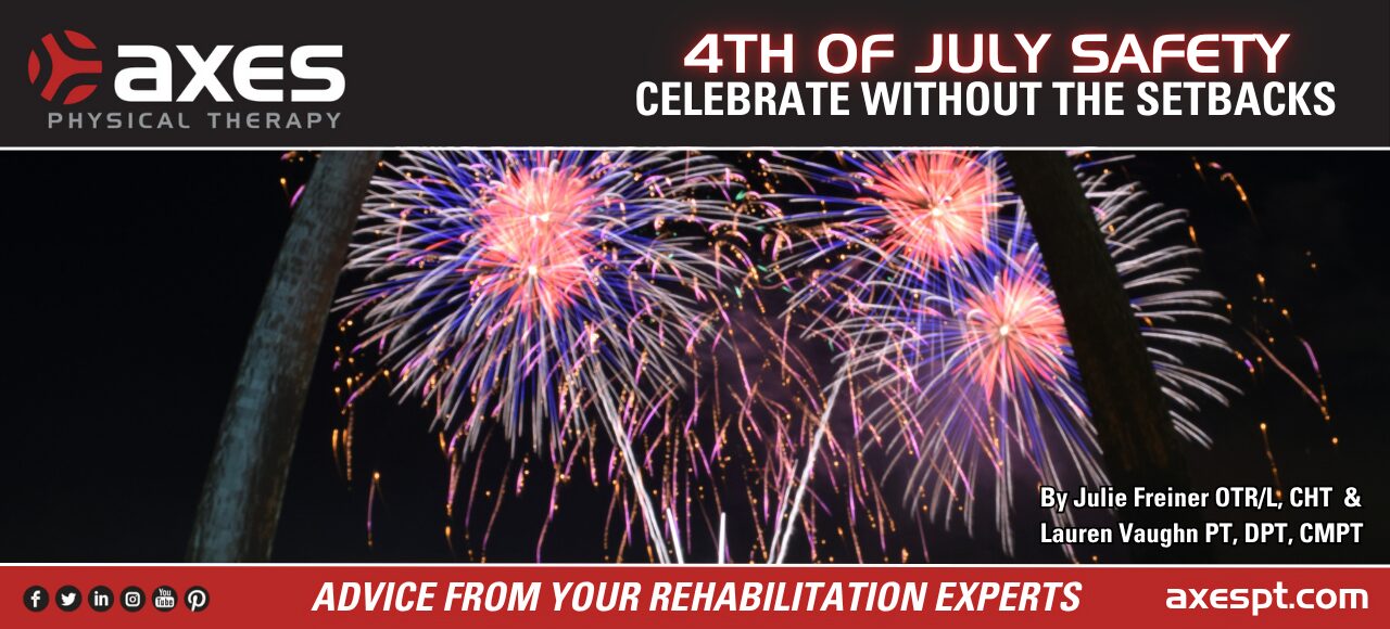 Fireworks over the St. Louis Gateway Arch promoting Fourth of July safety tips from Axes Physical Therapy