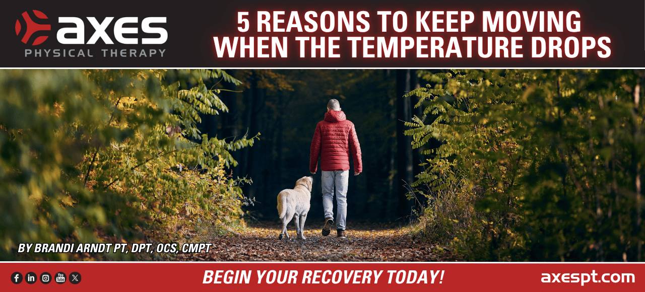 Active man walking a yellow lab outdoors on a crisp fall day representing cold weather workout injury prevention and physical therapy for winter joint pain in St Louis