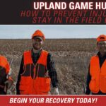 Three upland game hunters wearing orange safety vests standing in a field with an Axes Physical Therapy injury prevention headline